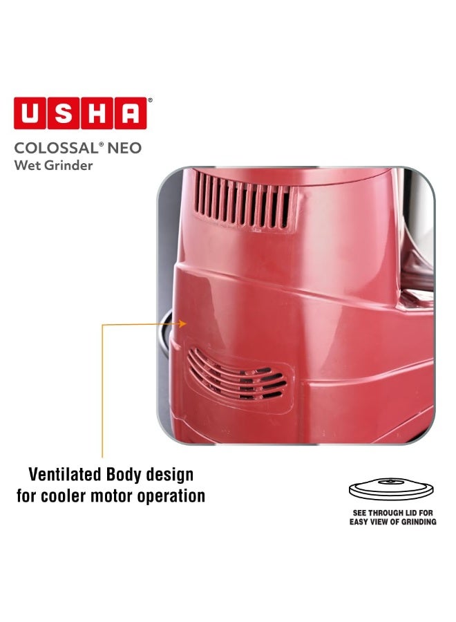أوشا USHA Colossal Neo 2 litres Table-Top Wet Grinder, 150W 100% Copper Motor, Dual Stones, Stainless Steel Drum, 10 Years Warranty on Motor, Free Home Service (Cherry Red) - Image 3